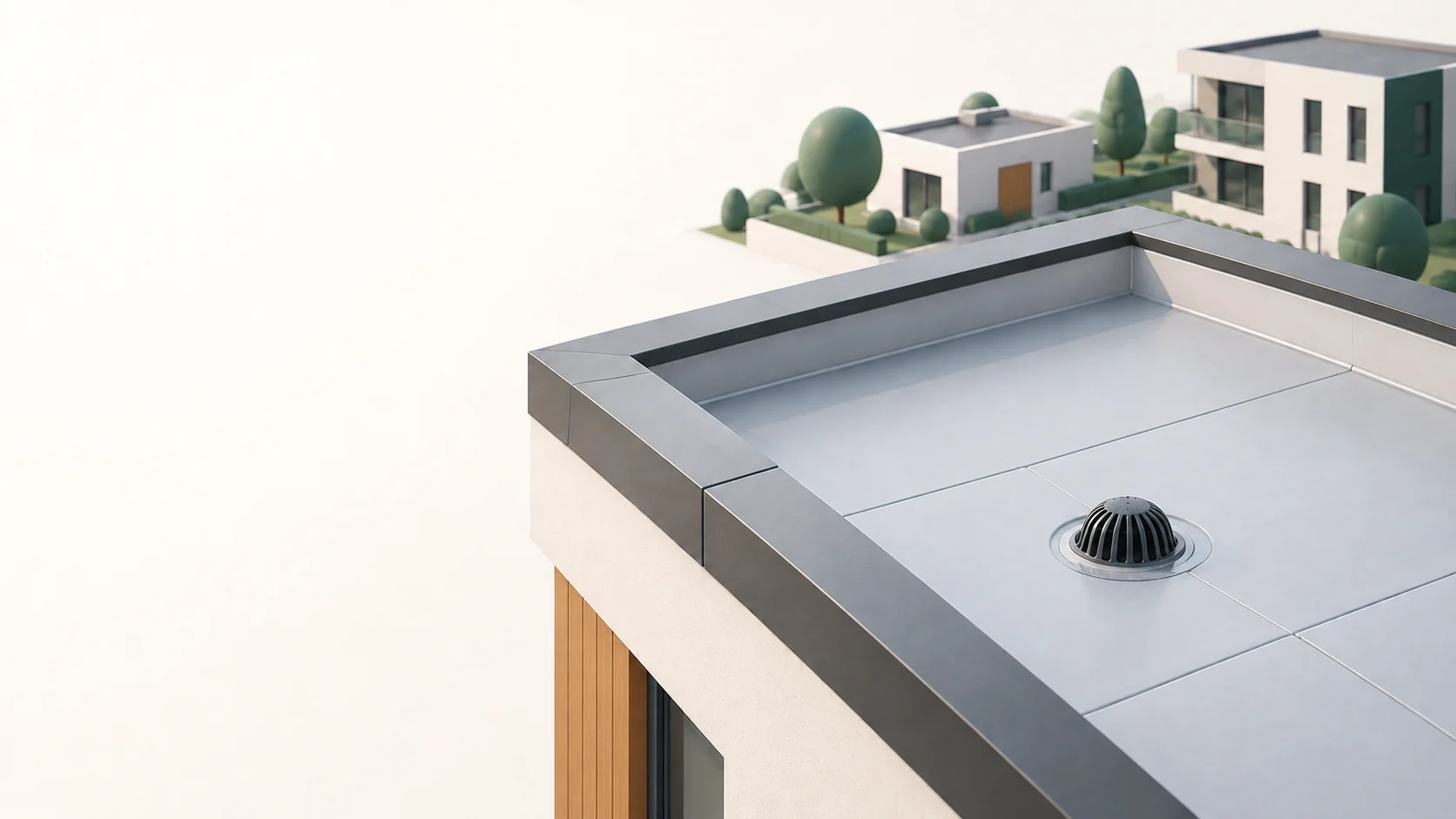 Ilustrační 3D vizualizace ploché střechy s hydroizolační fólií a střešní vpustí.